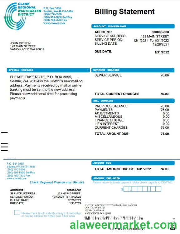 USA Washington Clark Regional Wastewater District utility bill, Word and PDF template